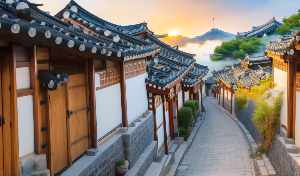 Traditional korea village, real world, stone road, blue roof tiles, traditional architecture, trees, in the mist, sunset glory, slating shadow, wide angle shot, no human, masterpieces, best quality, high resolution, bright scene, soft color, dark background, blurred background 