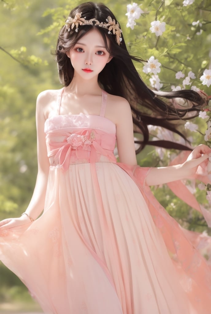 1 slim beautiful lady, elegant, charming, wearing pink (BreastHighRuSkirt), (with head:1.2), standing, black hair, delicate accessory, hair ornament, upper body,  (cowboy shot:1.3), (solo:1.1), masterpieces, best quality, high resolution, bright scene, soft color, low contrast, (floral background)