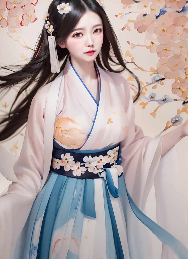 1 (slim:1.4) traditional beauty, elegant, charming, wearing (hanfu, Hanbok), (breast-high ru skirt:1.2), warm color dressing style, sheer, look through, black hair, delicate accessory, (solo:1.5), masterpieces, best quality, high resolution, bright scene, soft color, low contrast, (ink painting floral background:1.7), (blurred background, Chinese background:1.2), ru skirt, (less exposed:1.2)