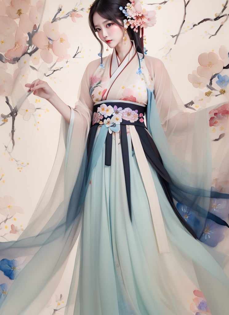1 (slim:1.4) traditional beauty, elegant, charming, wearing (hanfu), (breast-high ru skirt:1.2), warm color dressing style, sheer, look through, black hair, delicate accessory, (solo:1.5), masterpieces, best quality, high resolution, bright scene, soft color, low contrast, (ink painting floral background:1.7), (blurred background, Chinese background:1.2), ru skirt,