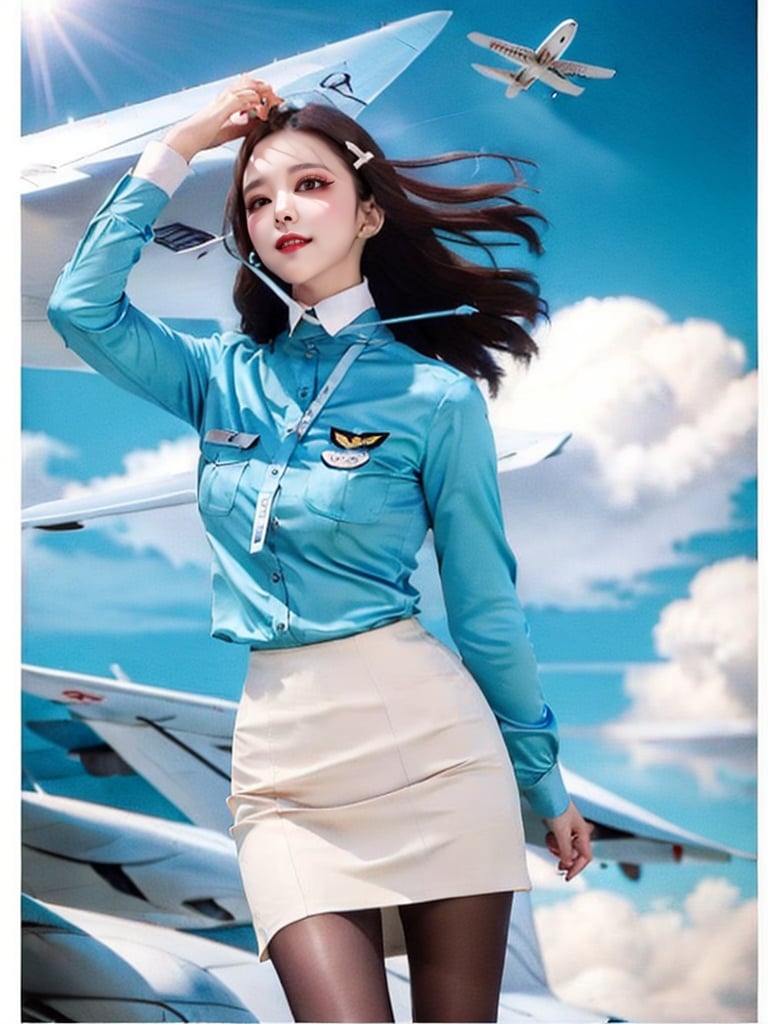 1 slim lady with beautiful face, long hair, black hair, wearing blue (stain) shirt and white pencil skirt, silk scarf, name tag, flight badge, hairpin, standing, black pantyhose, from below, sunlight, high contrast, outdoor, airplane take-off, wind, 