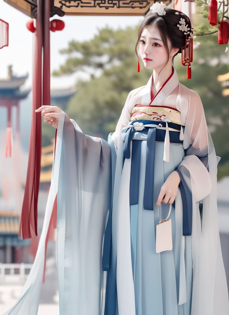 1 (slim:1.4) traditional beauty, elegant, charming, wearing (hanfu, hanbok), (breast-high ru skirt:1.1), warm color dressing style, sheer, look through, black hair, delicate accessory, (solo:1.5), masterpieces, best quality, high resolution, bright scene, soft color, low contrast, outdoor, (chinese pavilion background:1.3), (blurred background, Chinese background:1.1), ru skirt,