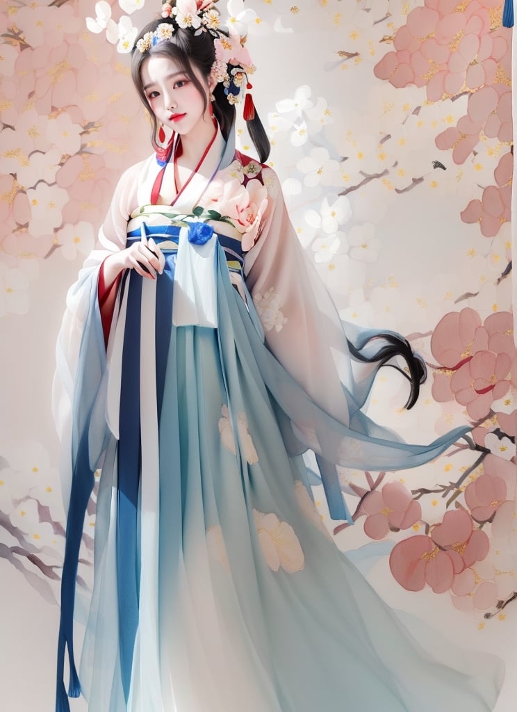 1 (slim:1.4) traditional beauty, elegant, charming, wearing (hanfu), (breast-high ru skirt:1.2), warm color dressing style, sheer, look through, black hair, delicate accessory, (solo:1.5), masterpieces, best quality, high resolution, bright scene, soft color, low contrast, (ink painting floral background:1.7), (blurred background, Chinese background:1.2), ru skirt, (less exposed:1.2)