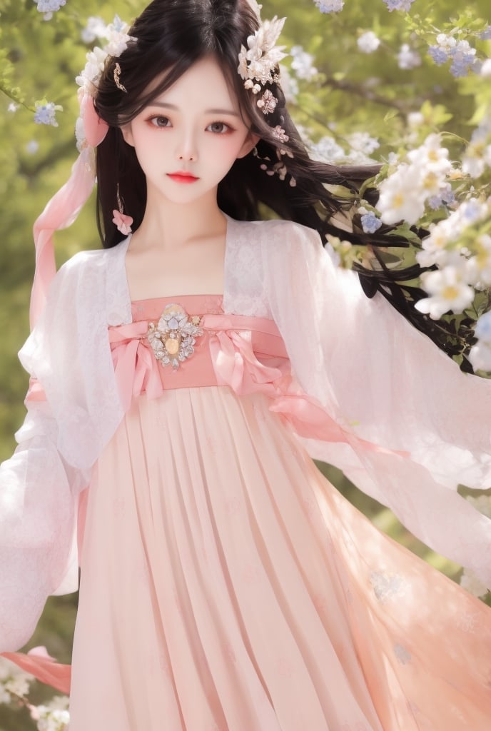 1 slim beautiful lady, elegant, charming, wearing pink (BreastHighRuSkirt), long sleeves, (with head), sheer, standing, black hair, delicate accessory, hair ornament, upper body,  (cowboy shot:1.3), (solo:1.1), masterpieces, best quality, high resolution, bright scene, soft color, low contrast, (floral background)