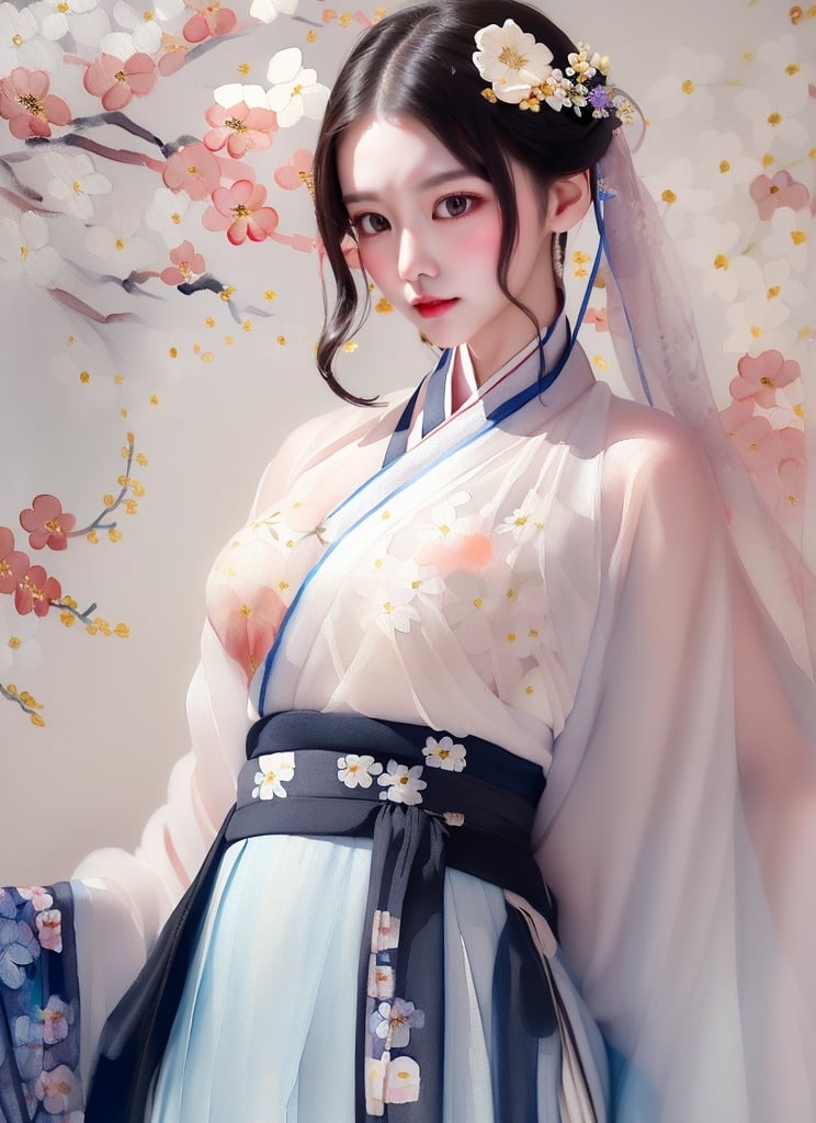 1 (slim:1.4) traditional beauty, elegant, charming, wearing (hanfu, Hanbok), (breast-high ru skirt:1.2), warm color dressing style, sheer, look through, black hair, delicate accessory, (solo:1.5), masterpieces, best quality, high resolution, bright scene, soft color, low contrast, (ink painting floral background:1.7), (blurred background, Chinese background:1.2), ru skirt, (less exposed:1.2)