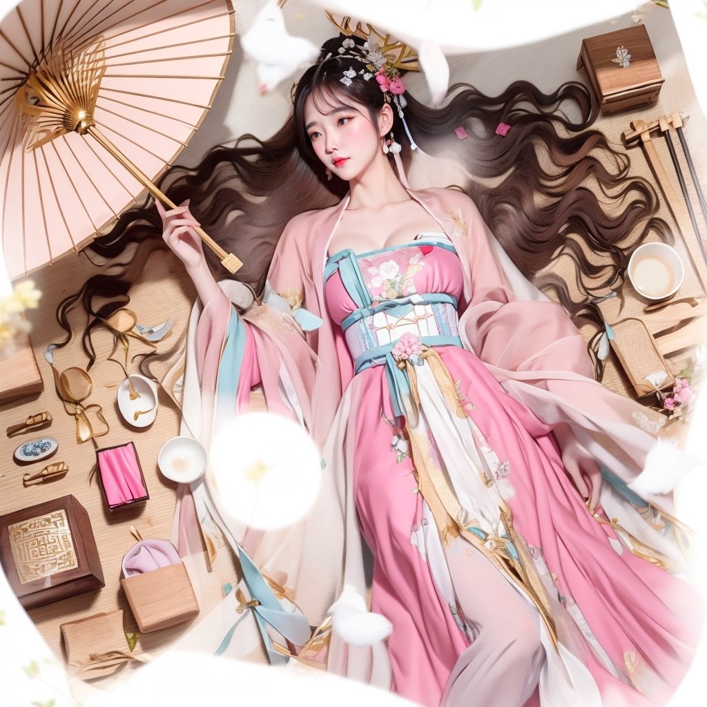 A (slim:1.4) ancient Chinese beauty with breast, lies on the ground, with long hair and (pink dressed) in thin, elegant traditional clothing. Beside her, neatly arranged, are her delicate parasol, handkerchief, bellyband, sachet, folding fan, wooden powder box, mirror, hairpin, fragrance sachet, handkerchief, jewelry, tea cup, and colorful personal belongings. full body, birds eye view