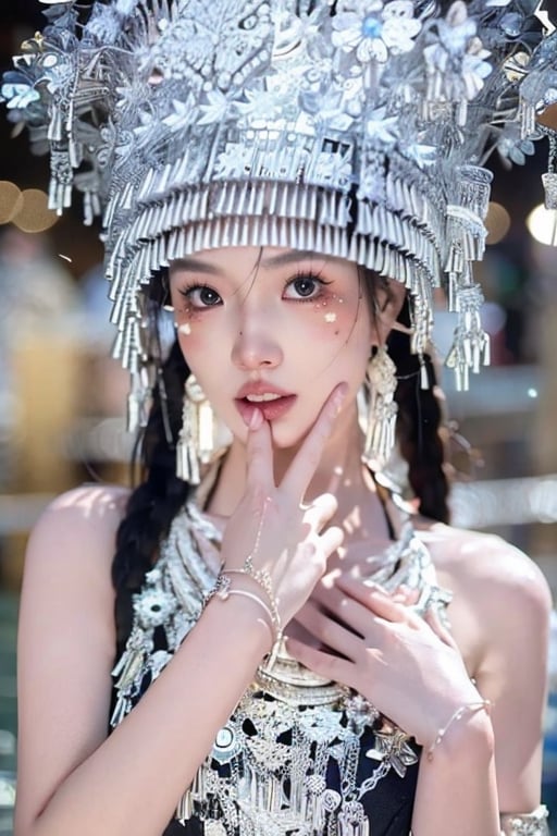 1girl,face,white background,(masterpiece,best quality:1.5),QIEMANCNGIRL, MZGIRL a woman in a black and white dress, wearing a silver headdress, solo, a necklace with silver beads, sky , Crossed arms, background is the Yunnan Jade Dragon Snow Mountain, ultra realistic,32k,RAW photo,(high detailed skin:1.2), 8k uhd, dslr, soft lighting, high quality,