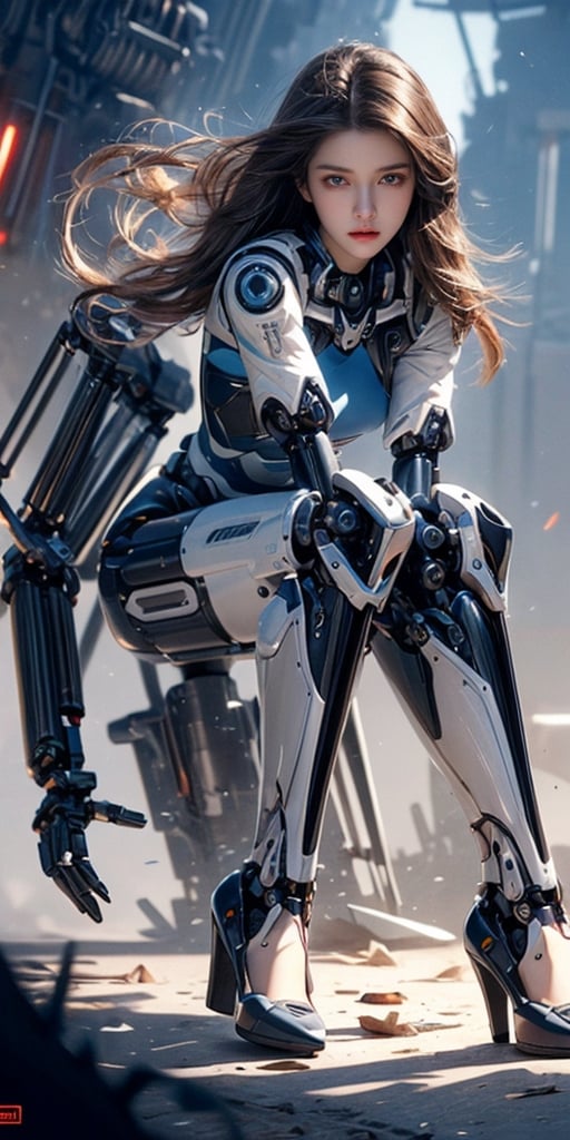 masterpiece, official art, digital illustration, best quality, 1girl, brown hair, long hair, mecha, mechanical girl, blue exosuit, black accents, mecha suit, mechanical arms, mechanical parts, beautiful eyes, (delicate face), perfect detail, perfect feet, cinematic lighting, dark studio, dark studio