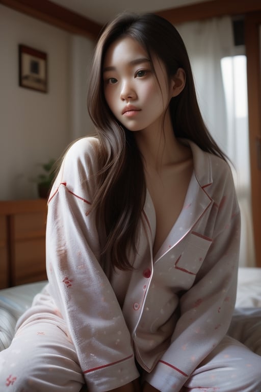 /imagine prompt:A photograph of a Taiwanese-Korean mixed-race girl with long hair,sex with boy, in an oversized pajama, slightly chubby, with a distinctive beauty mark, in a bedroom just after waking up. Captured from a boyfriend's perspective, the room is cozy, with soft morning light filtering through. Created Using: high-resolution, delicate details, serene mood, intimate setting, realistic style, gentle lighting, warm color palette 
,JeeSoo ,18+,close up,Sexy Pose