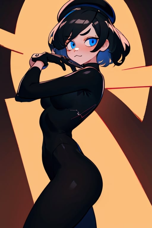 ((masterpiece,best quality)), high res, 8k, HD, (extremely detailed CG unity 8k wallpaper), illustration, solo female, (Hands:1.1),better_hands perfect anatomy, (1girl), (best illumination),stage,round head,mime,pure white skin,((black hair)),black clothes,unitard,skintight,:3,short-hair,beret,black_glove,colored_skin,rha30,simplistic eyes,cartoony eyes,aloof,pie eyes,black beret,(best quality, masterpiece)