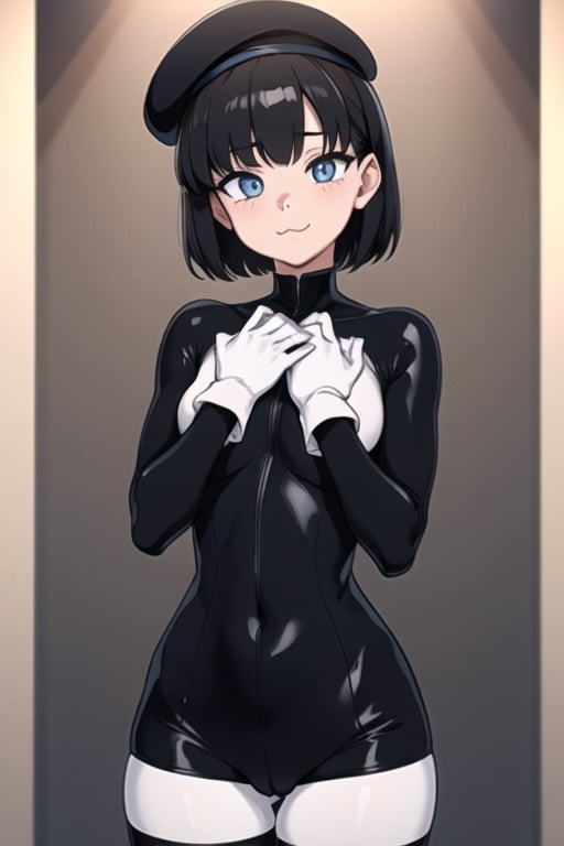 ((masterpiece,best quality)), high res, 8k, HD, (extremely detailed CG unity 8k wallpaper), illustration, solo female, (Hands:1.1),better_hands perfect anatomy, (1girl), (best illumination),stage,round head,mime,pure white skin,((black hair)),black clothes,unitard,skintight,:3,short-hair,beret,black_glove