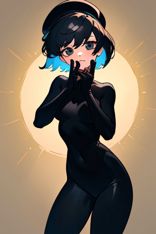 ((masterpiece,best quality)), high res, 8k, HD, (extremely detailed CG unity 8k wallpaper), illustration, solo female, (Hands:1.1),better_hands perfect anatomy, (1girl), (best illumination),stage,round head,mime,pure white skin,((black hair)),black clothes,unitard,skintight,:3,short-hair,beret,black_glove,colored_skin,rha30,simplistic eyes,cartoony eyes,aloof,pie eyes,black beret,(best quality, masterpiece)