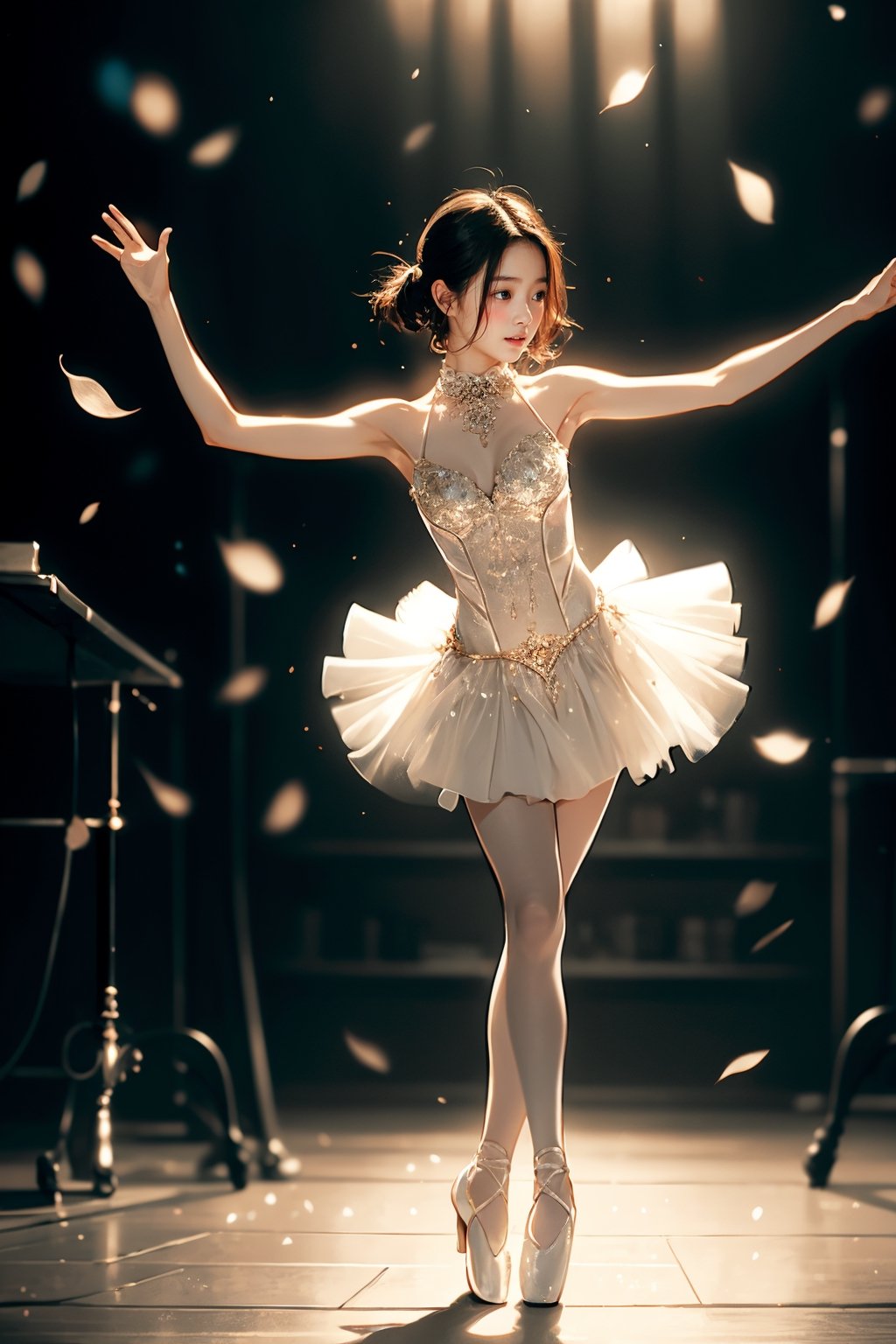 solo, An 18-year-old Korean girl wearing ballet costume (full body) dances alone in a dimly lit studio, her movements reflected in the soft spotlight. This scene highlights her dedication and artistic loneliness, echoing themes of personal growth in Iwai Shunji's work. The atmosphere of the scene is captured with a high graininess reminiscent of ISO 800 film. ,IU,1 girl