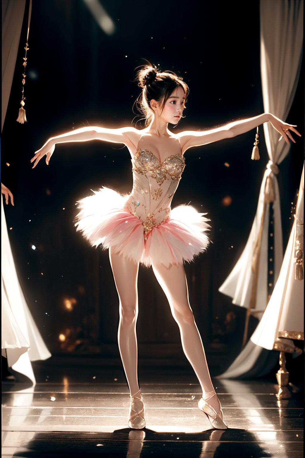 solo, An 18-year-old Korean girl wearing ballet costume (full body) dances alone in a dimly lit studio, her movements reflected in the soft spotlight. This scene highlights her dedication and artistic loneliness, echoing themes of personal growth in Iwai Shunji's work. The atmosphere of the scene is captured with a high graininess reminiscent of ISO 800 film. ,IU,1 girl