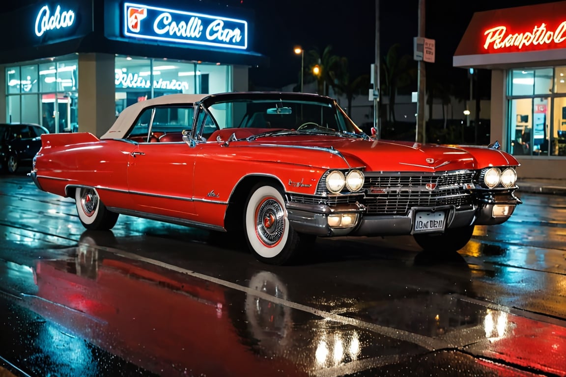 Aesthetic photo of 1960 cadillac eldorado biarritz convertible, sporty, perfect lighting, Miami, high detail, epic, motion blur, 8K UHD, raining, night, parked on the side of the road stationary, neon lights, light reflections on the car