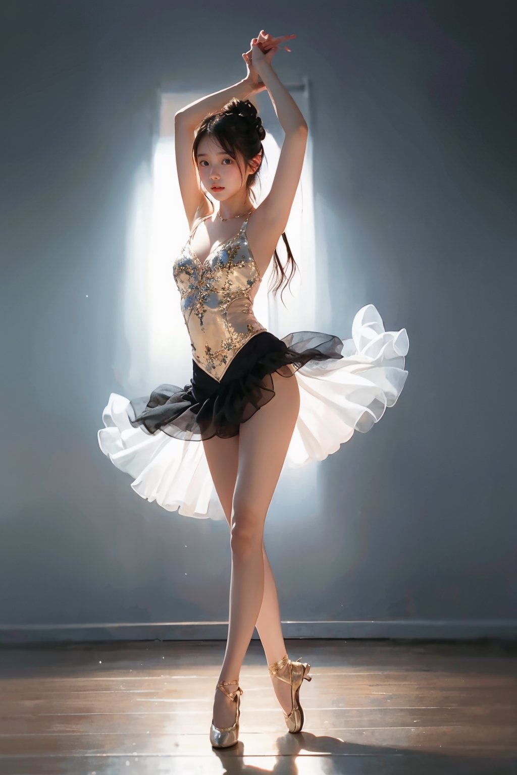 An 18-year-old Korean girl wearing ballet costume (full body) dances alone in a dimly lit studio, her movements reflected in the soft spotlight. This scene highlights her dedication and artistic loneliness, echoing themes of personal growth in Iwai Shunji's work. The atmosphere of the scene is captured with a high graininess reminiscent of ISO 800 film. ,IU,1 girl