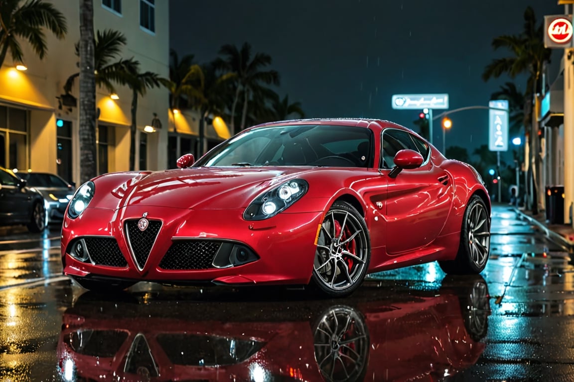 Aesthetic photo of Alfa Romeo 8C, sporty, perfect lighting, Miami, high detail, epic, motion blur, 8K UHD, raining, night, parked on the side of the road stationary, neon lights, light reflections on the car