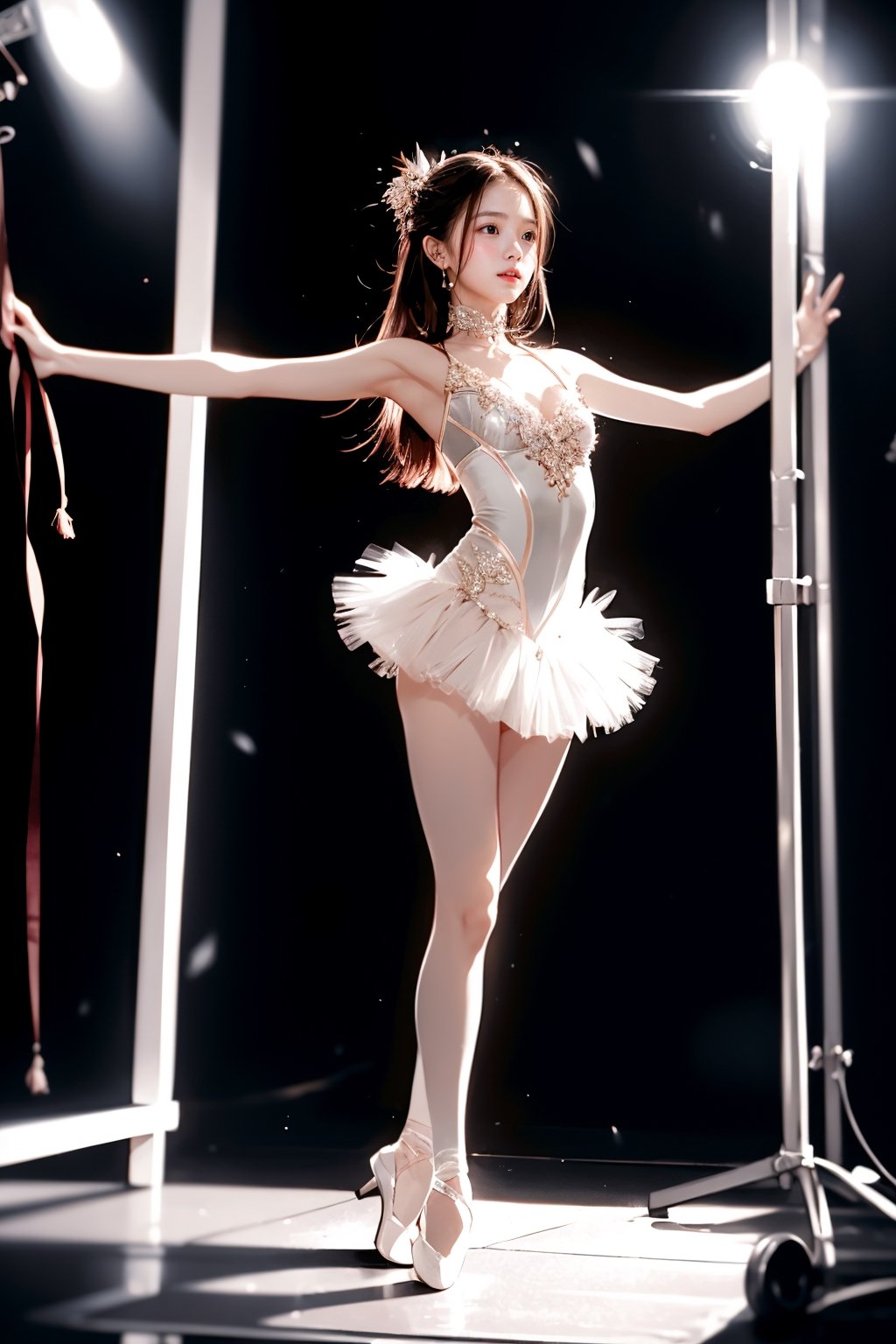 solo, An 18-year-old Korean girl wearing ballet costume (full body) dances alone in a dimly lit studio, her movements reflected in the soft spotlight. This scene highlights her dedication and artistic loneliness, echoing themes of personal growth in Iwai Shunji's work. The atmosphere of the scene is captured with a high graininess reminiscent of ISO 800 film. ,IU,1 girl,WaveMiu