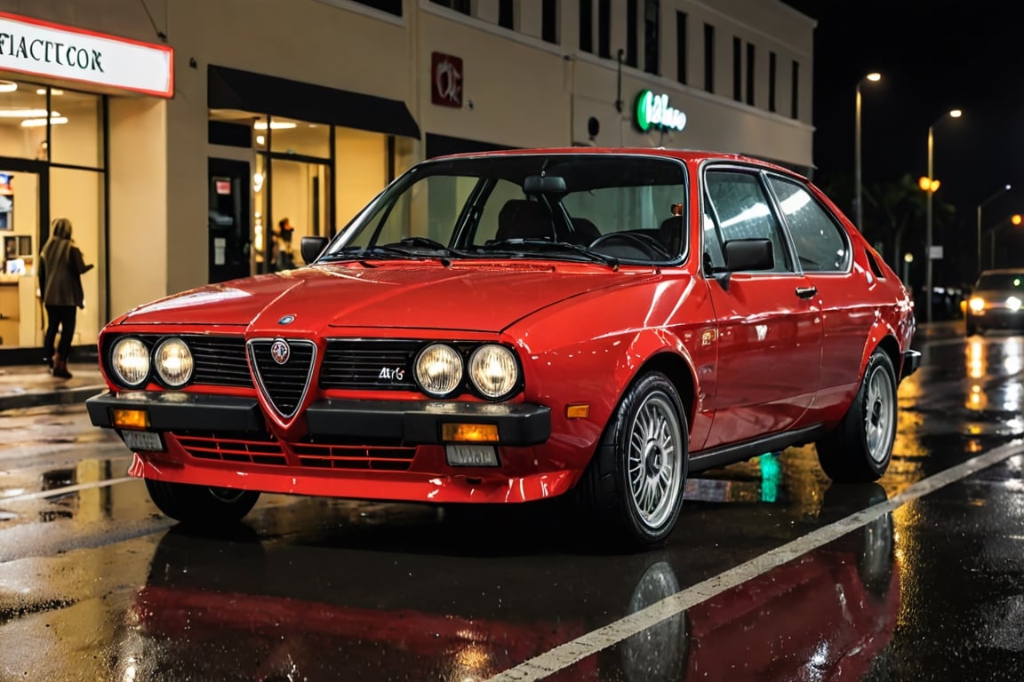 Aesthetic photo of Alfa Romeo Alfasud Sprint sporty, perfect lighting, Miami, high detail, epic, motion blur, 8K UHD, raining, night, parked on the side of the road stationary, neon lights, light reflections on the car