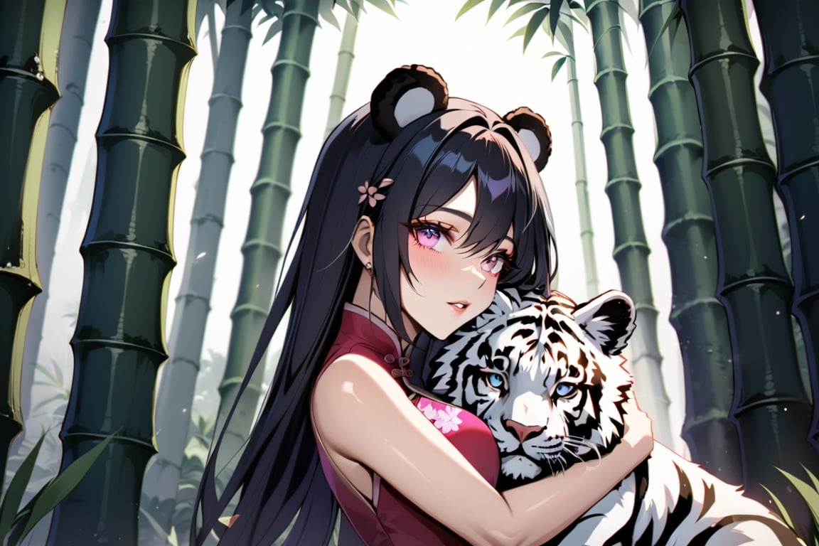 High quality, masterpiece, rayearth, 1 girl, sole female, shiny straight black hair, brigth pink eyes, panda_bear ears, qipao dress, hugging a big white tiger in a bamboo forest, full-body_portrait