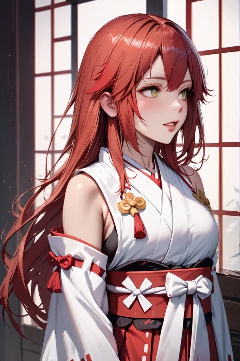 a Japanese miko girl,red fire hair, high quality, high resolution, high precision, realism, color correction, harmonious composition.