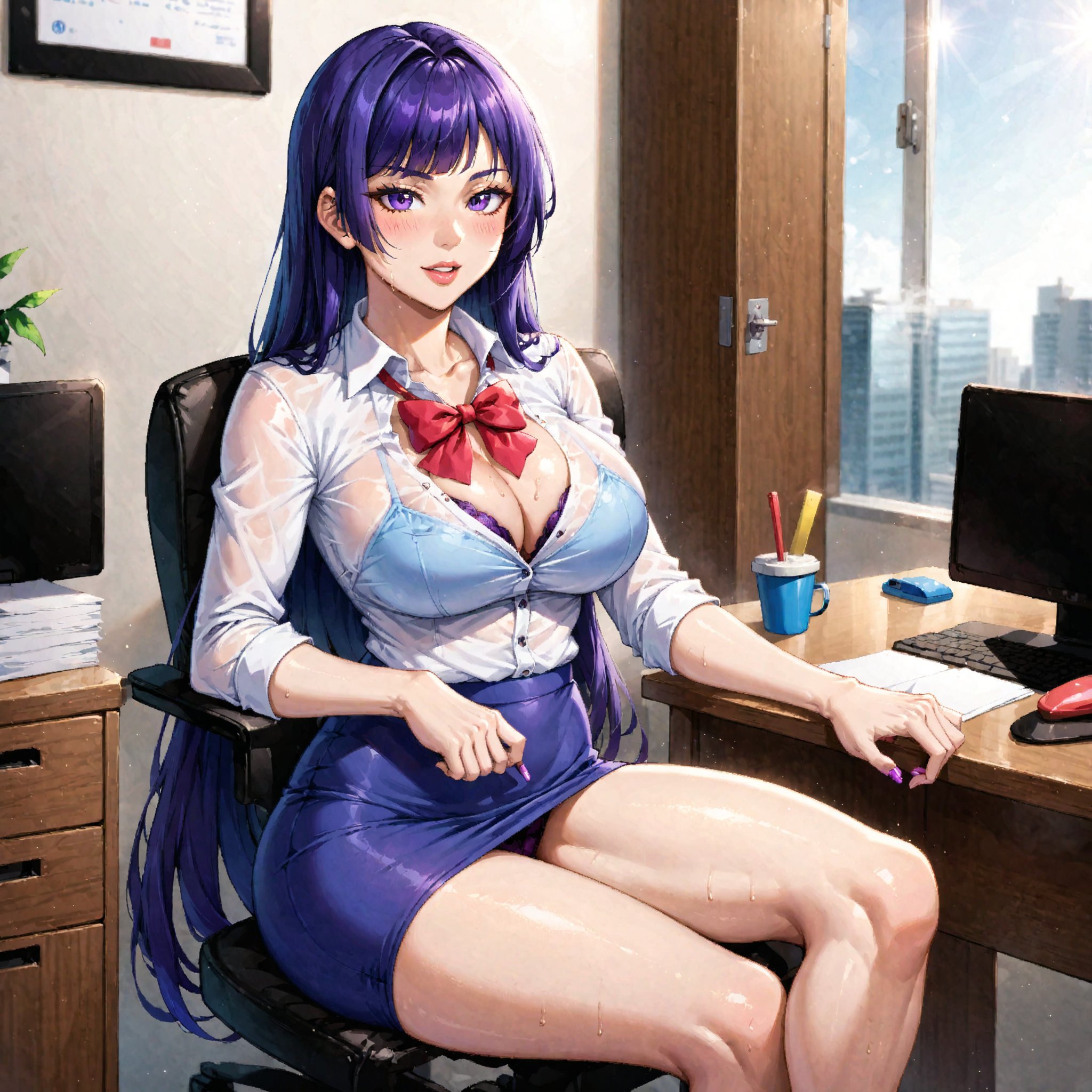 1girl, solo, raiden mei, working in an office, sitting on a chair,