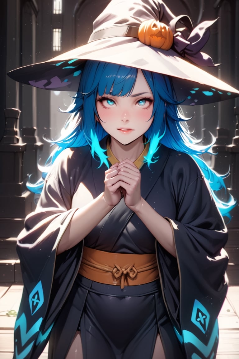 a Japanese witch girl,cyan fire hair, high quality, high resolution, high precision, realism, color correction, proper lighting settings, harmonious composition.