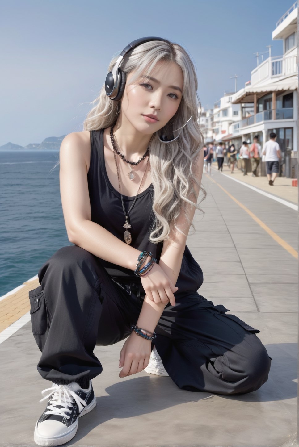 Japanese girl,grey blonde hair(very long hair, curly_hair),hiphop dancer,wearing all black clothes (loose fit top and wide cargo pants),sneakers,headphone, sitting at sea bank,horizon,seaside,accessories(necklace,ear_rings),Best Quality, 32k, photorealistic, ultra-detailed, finely detailed, high resolution, perfect dynamic composition, beautiful detailed eyes, sharp-focus, cowboy_shot, 