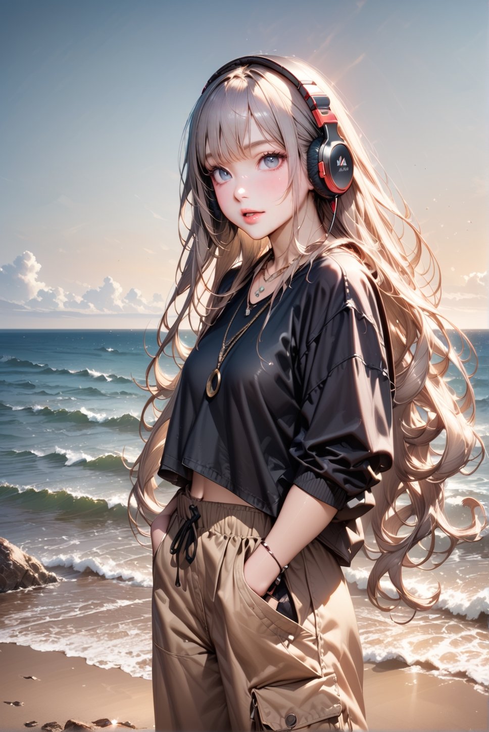 Japanese girl,grey blonde hair(very long hair, curly_hair),hiphop dancer,wearing all black clothes (loose fit top and wide cargo pants),sneakers,headphone, sitting at sea bank,horizon,seaside,accessories(necklace,ear_rings),Best Quality, 32k, photorealistic, ultra-detailed, finely detailed, high resolution, perfect dynamic composition, beautiful detailed eyes, sharp-focus, cowboy_shot, 