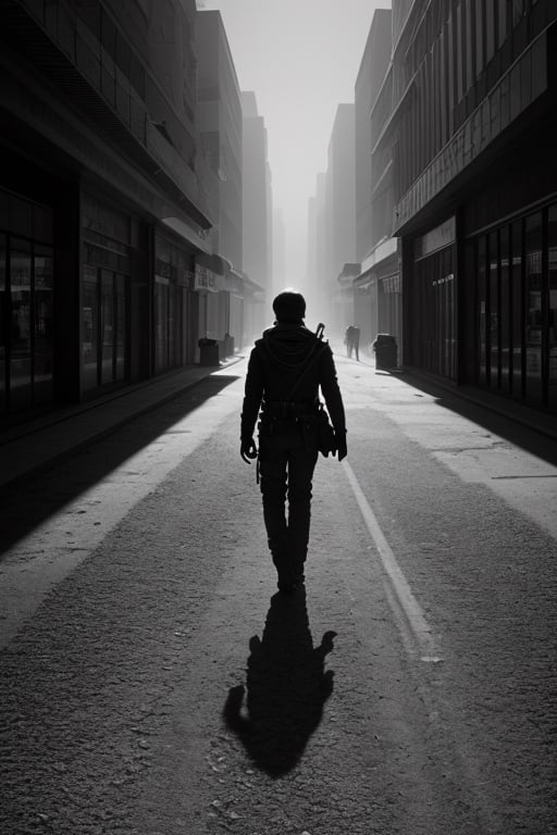 Scene:
An abondened dystopic main road in a big city, an abondened dystopic empty mall, abondened dystopic  empty stores, abondened dystopic 
 gastation in a desert

Object:
1 Person, in the middle of the picture, mad max style,


Image:
photorealistic, (blackandwhite:1.3) ,bw, photography,photography realistic, 8k texture, rich texture details, extremely detailed, ultra high quality model, ray tracing, trending on artstation, dark atmosphere, realistic shadows, strong shadows,photorealistic,Romantic, Fast Shutter Speed, Ilford FP4 125, Depth of field 270mm