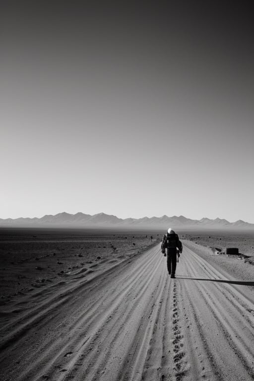 Scene:
An abondened dystopic main road in a big city, an abondened dystopic empty mall, abondened dystopic  empty stores, abondened dystopic 
 gastation in a desert

Object:
1 Person, in the middle of the picture, mad max style,


Image:
photorealistic, (blackandwhite:1.3) ,bw, photography,photography realistic, 8k texture, rich texture details, extremely detailed, ultra high quality model, ray tracing, trending on artstation, dark atmosphere, realistic shadows, strong shadows,photorealistic,Romantic, Fast Shutter Speed, Ilford FP4 125, Depth of field 270mm