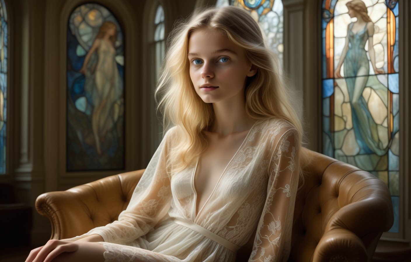 In a cinematic double exposure photograph, a coming-of-age blond girl's slender body and petite curves are superimposed over a ultra realistic sketch of her sitting on a chase longue in an art nouveau living room, with Alphonso Mucha stained glass windows, wearing a see-through intricate white lace robe. Rich, dark tones accentuate the flowing contours of her ample hair, which cascades down her back like a waterfall of night. The outlined presence of the model is merged with whimsical abstract shapes and pop art colors, evoking a sense of wonder and enchantment. In the style of Anne Bachelier, this masterpiece features intricately detailes eyes, exquisite execution, and a wide range of colors. nipslip,downblouse