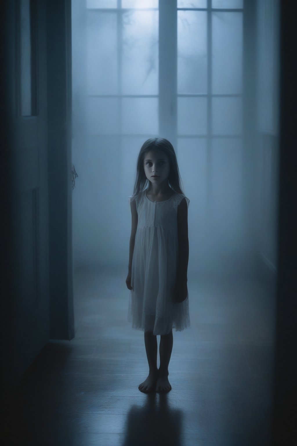 A photo realistic and haunting scene unfolds: a lone scared, young loli girl stands in the dark, eerie atmosphere of a darkened haunted house on a foggy night. Her (see-through nightdress) reveals her vulnerability amidst the shadows. The flickering candles cast an otherworldly glow, illuminating her terrified expression as she gazes terrified out the window, her cute features twisted in fear.score_9, score_8_up