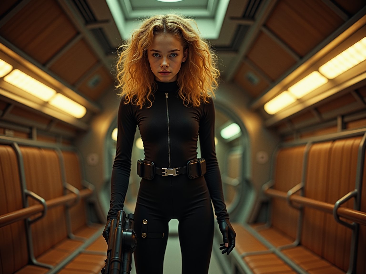 A 14-year-old Blond female hitman with raven-black curly hair and sharp features, clad in a fitted black combat suit, floats in zero gravity within a sleek, metallic spaceship interior, amidst Art Nouveau-inspired wooden accents and patterned walls, under flickering overhead lights, as she checks her sleek energy blaster, shot in avant-garde style with warm, golden lighting and subtle bokeh, on 35mm film with a shallow depth of field, reminiscent of Ruth Bernhard's work, with a cinematic grain and muted color palette, evoking a tense, thriller-like atmosphere, akin to the works of Wong Kar-wai.