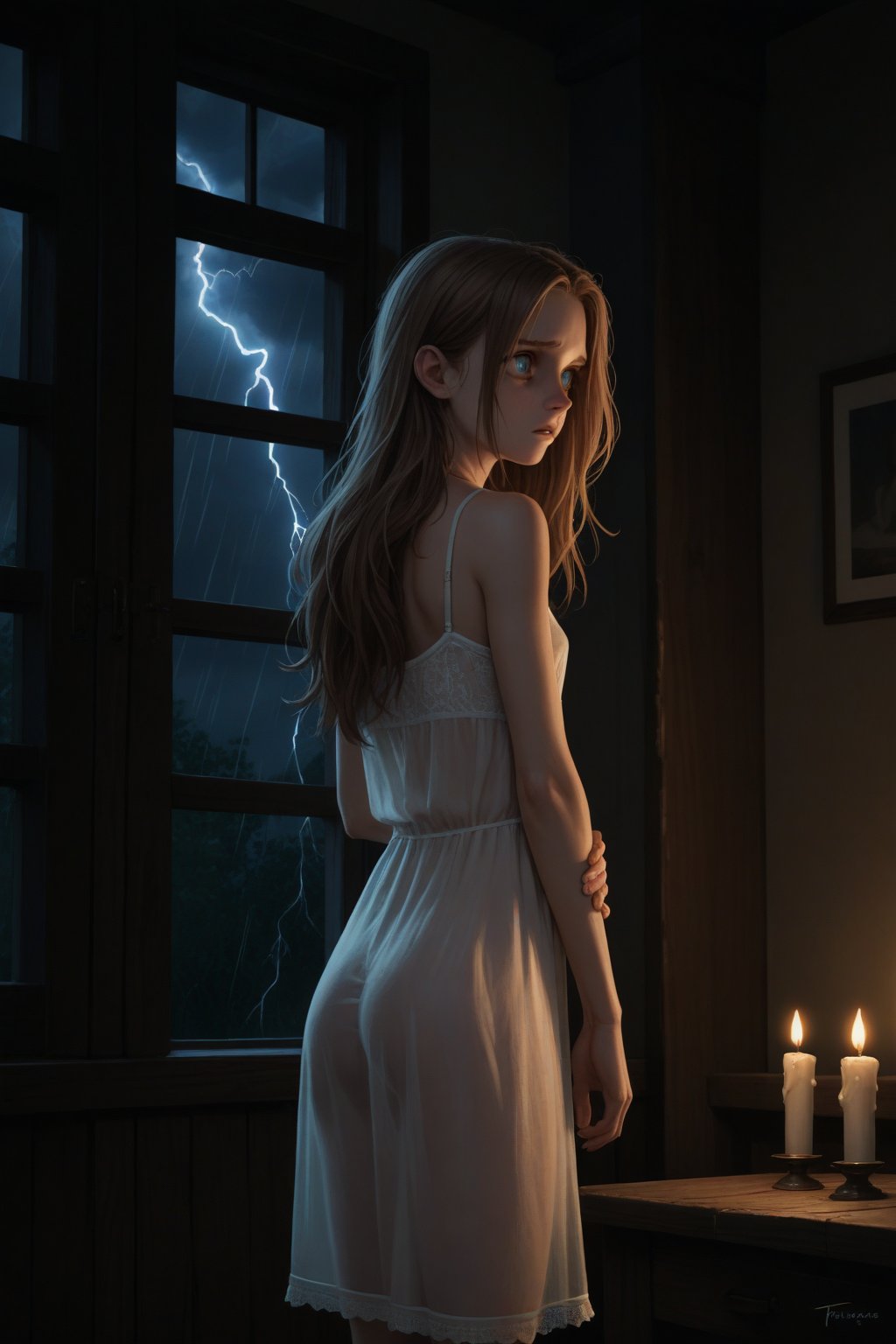 score_9, score_8_up, score_8, (solo), indoors, young girl,long hair,  see-through nightdress, cute, cel-shading, fca style, standing, night, candlelight, (too scared to sleep), sleepy, scary, (cowboy shot), side view, (looking back), score_7_up, lightning, storm, source_realistic, insaneres