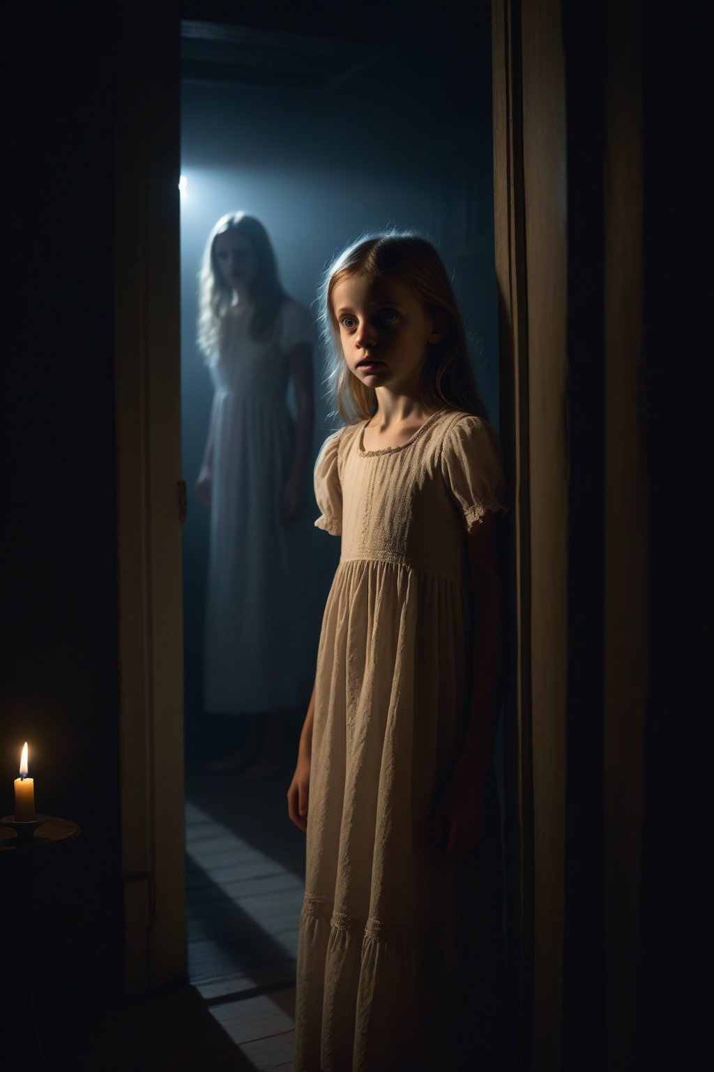 A photo realistic and haunting scene unfolds: a lone scared, young girl stands in the dark, eerie atmosphere of a darkened haunted house on a foggy night. Her tanslucent nightdress reveals her vulnerability amidst the shadows. The flickering candles cast an otherworldly glow, illuminating her terrified expression as she gazes terrified out the window, her cute features twisted in fear.score_9, score_8_up