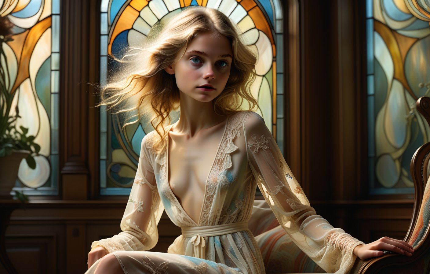 In a cinematic double exposure photograph, a coming-of-age blond girl's slender body and petite curves are superimposed over a ultra realistic sketch of her sitting on a chase longue in an art nouveau living room, with Alphonso Mucha stained glass windows, wearing a see-through intricate white lace robe. Rich, dark tones accentuate the flowing contours of her ample hair, which cascades down her back like a waterfall of night. The outlined presence of the model is merged with whimsical abstract shapes and pop art colors, evoking a sense of wonder and enchantment. In the style of Anne Bachelier, this masterpiece features intricately detailes eyes, exquisite execution, and a wide range of colors. nipslip,downblouse