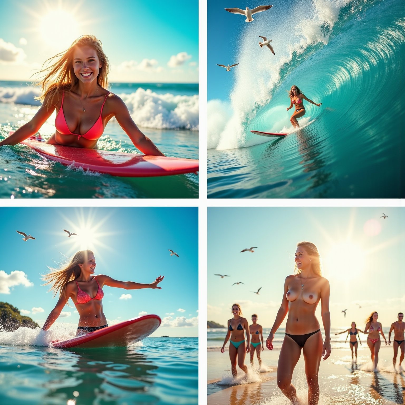 In a lively four-panel cinematic poster, the scene unfolds on a sun-drenched beach bathed in the warm glow of a late morning sun. 

**Panel 1:** The first panel captures the surfer, a young woman with sun-kissed skin and tousled, salt-streaked hair, as she confidently paddles through vibrant, aqua-blue waters. With her vibrant red surfboard glinting under the sunlight, she wears a coral-colored bikini and a determined expression, her focus set on the horizon where the ocean meets the sky. The gentle sound of rhythmic waves rolling in serves as the backdrop to her adventure.

**Panel 2:** The second panel zooms in on a rising wave, magnificent and frothy, towering like a natural ramp. The sun gleams through the cresting water, casting shimmering sparkles that dance like diamonds. The surfer’s eyes widen with excitement as she prepares to catch the wave, her arms outstretched and her body poised for action, showcasing her exhilarating passion for surfing.

**Panel 3:** In the third panel, the surfer has successfully caught the wave, a dynamic spray of water erupting around her. With pure joy written on her face, her hair billows wildly behind her, while she expertly rides the crest. The sky glows a brilliant cerulean blue overhead, dotted with wispy clouds that seem to cheer her on as seagulls glide gracefully above, adding to the vibrant beach scene.

**Panel 4:** The final panel depicts the surfer emerging triumphantly from the surf, a triumphant smile beaming across her sunlit face. Now on the sandy shore, she stands tall with her surfboard held high, droplets of water sparkling in the sunlight as they cascade off her athletic form. Friends whooping in excitement surround her, the playful laughter mingling with the crash of waves in the background, capturing the thrill of summer and the joy of friendship.