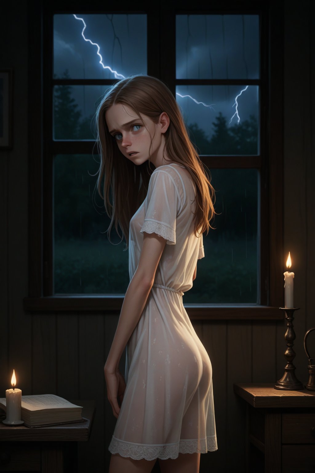 score_9, score_8_up, score_8, (solo), indoors, young girl,long hair,  see-through nightdress, cute, cel-shading, fca style, standing, night, candlelight, (too scared to sleep), sleepy, scary, (cowboy shot), side view, (looking back), score_7_up, lightning, storm, source_realistic, insaneres