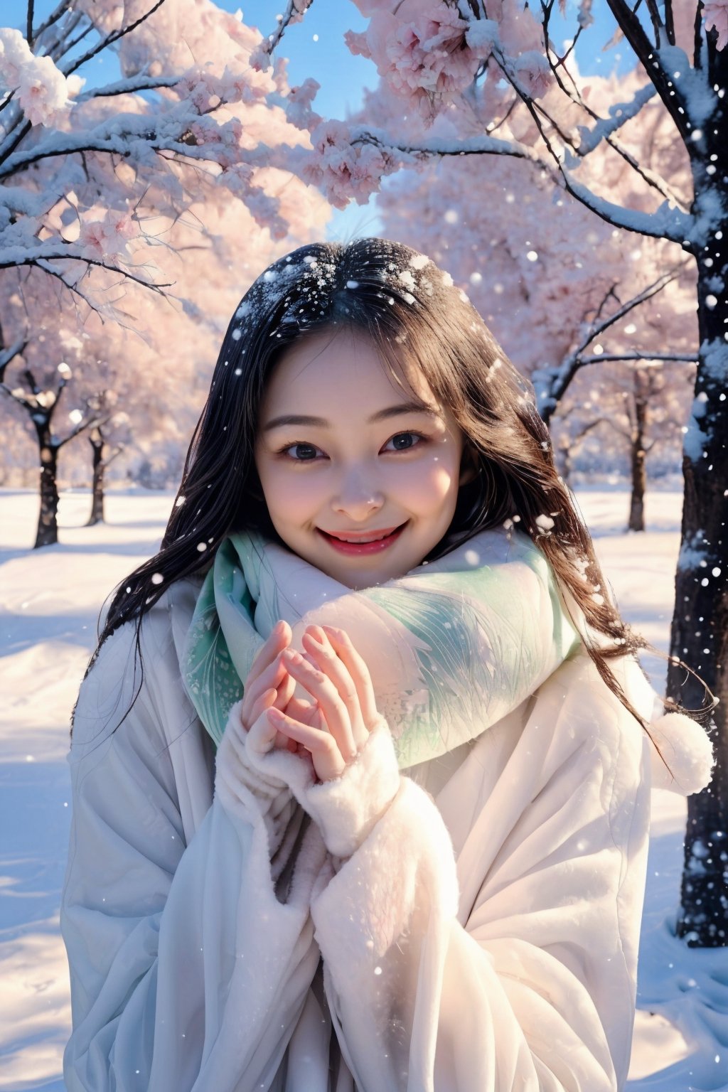 (Fujifilm), real photo, view shot,Winter style, snow falling, plum flowers blooming, A cute big eyes beautiful girl wearing fluffy pink and white fluffy coat and scarf, She smiled brightly and her eyes twinkled with kindness. She held a pink sakura in her hand and smelled the fragrance. Under her feet is a lush green flower and grass, as if she is a part of nature. Her laughter in the breeze adds a touch of childlike innocence to this beautiful scene. Please give her some more background or context so we can add more details ,perfect split lighting,ZGirl,Nature, flowers blooming fantastic and dreamy light romantic lighting bokeh background ,snow_scene_background,1 girl,hands,chinatsumura