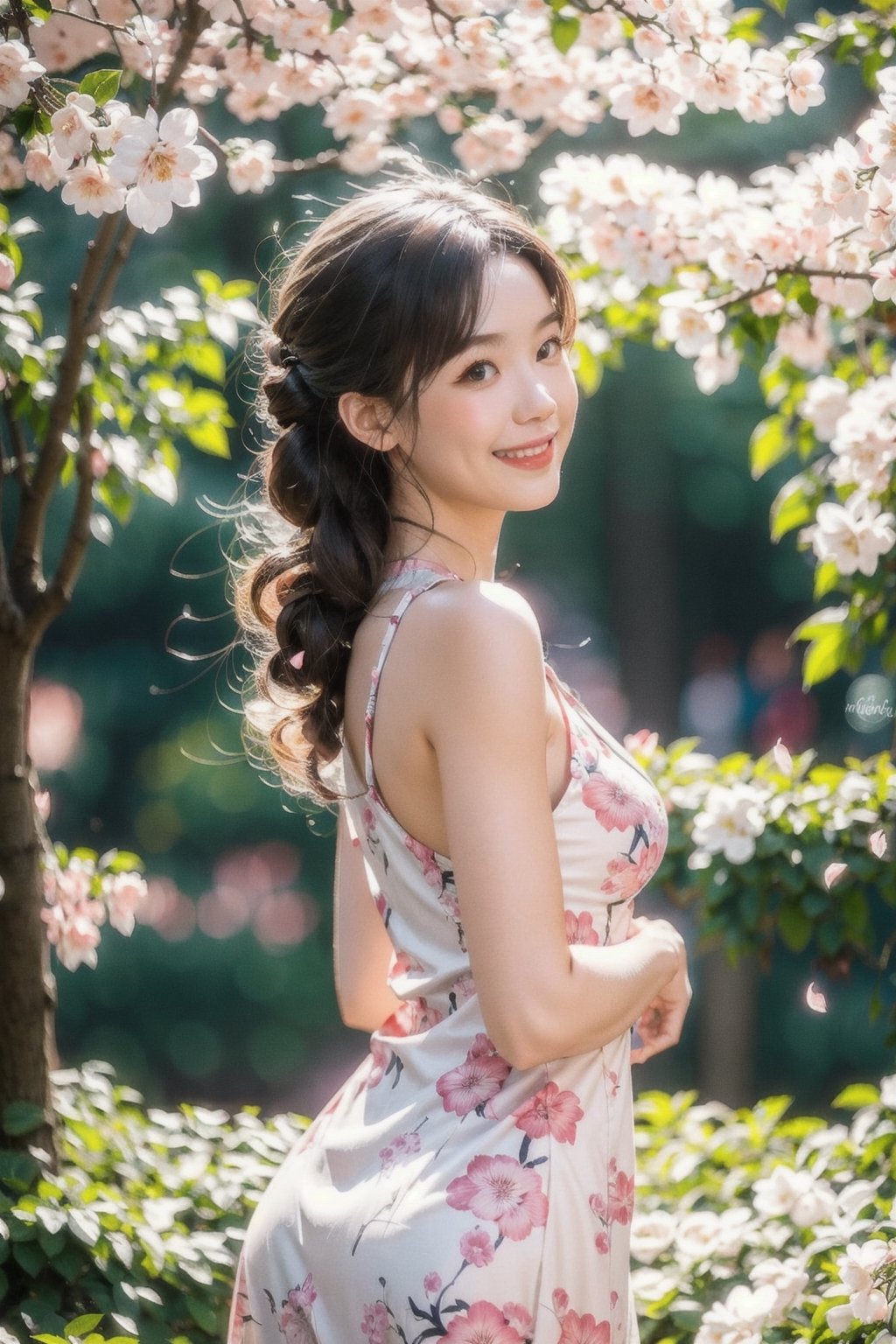 Real photo, a Japanese woman, 19 years old girl, 
 wearing a pink china cheongsam, raising her hands to catch the falling cherry blossoms under the cherry blossom tree, smiling, the pink cherry blossom petals are flying all over the picture, clear and bright, super High quality, exquisite details, delicate and clear facial features, clear body,
,1 girl, Double exposure, real person, Dusk, twilight, sunshine light from back, milf, china dress with heart cutout