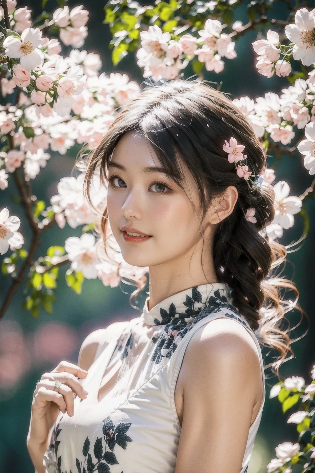 Real photo, a Japanese woman, 19 years old girl, 
 wearing a pink china cheongsam, under the cherry blossom tree, smiling, right hand up, the pink cherry blossom petals are flying all over the picture, clear and bright, super High quality, exquisite details, delicate and clear facial features, clear body, show her beast, 
,1 girl, Double exposure, real person, Dusk, twilight, milf, china dress with heart cutout,hand on own chin