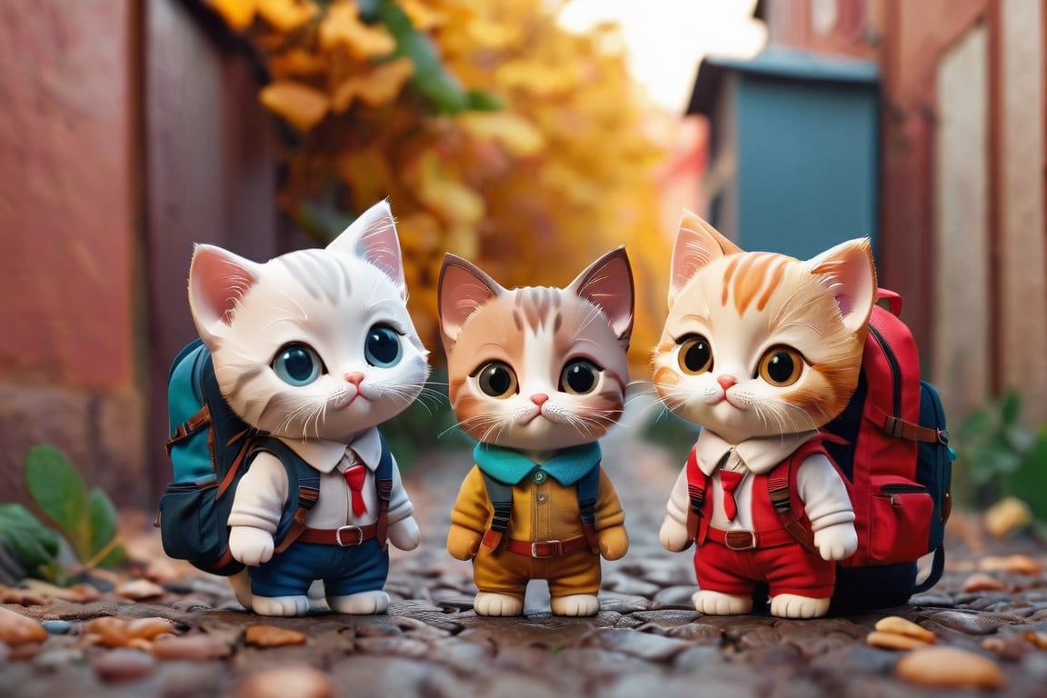 two cute kittens with backpacks are standing next to each other, in the style of daz3d, isaac cordal, studyblr, soft, romantic scenes, rinpa school, doug hyde, warm tones --v 6.0
        