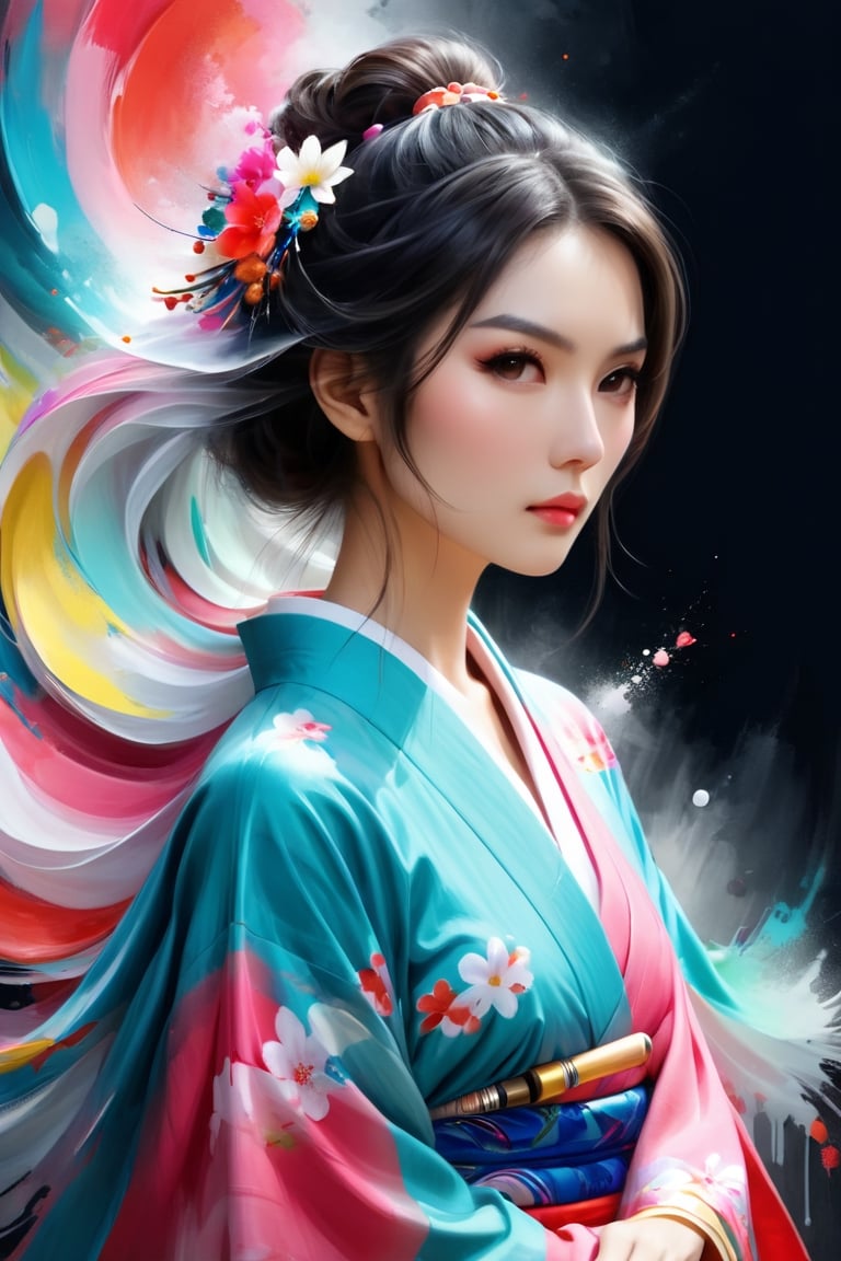 (abstract japan woman from paint,  (Grizail paint chromatic:1.5),she is wearing  thepink kimono, brush strokes  of color, water colrs, sketch,, textured, black background),aesthetic portrait,see-through,DonMB4nsh33XL 