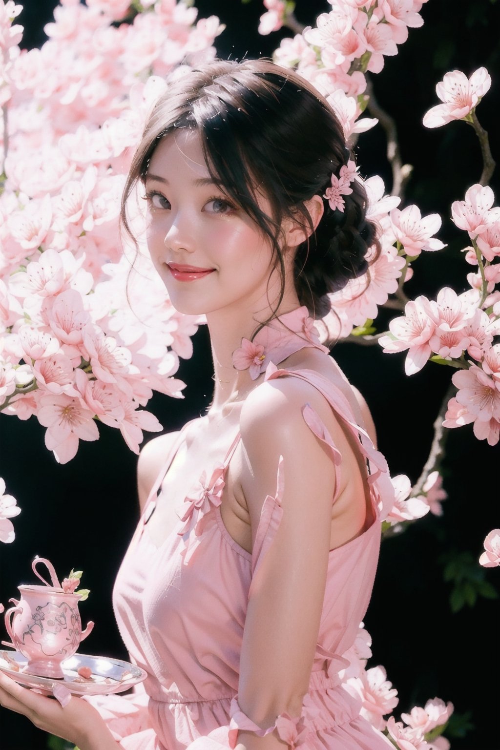 (Fujifilm), Real photo, a Japanese woman, 19 years old girl, wearing a pink china cheongsam, smiling, the pink cherry blossom petals are flying all over the picture, clear and bright, super High quality, exquisite details, delicate and clear facial features, full body, 1 girl, Double exposure, real person, Dusk, twilight, sunshine light from back, china dress with heart cutout,pink flower