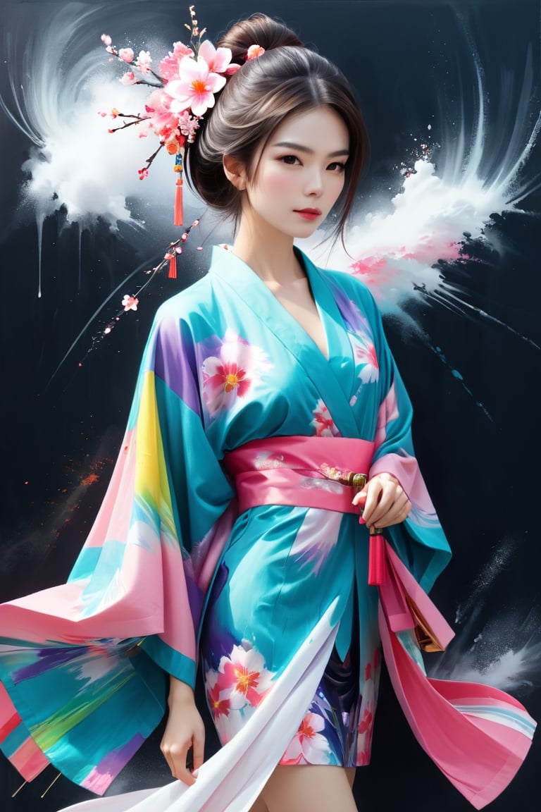 (abstract japan woman from paint,  (Grizail paint chromatic:1.5),she is wearing  thepink kimono, brush strokes  of color, water colrs, sketch,, textured, black background),aesthetic portrait,see-through,DonMB4nsh33XL ,style,see-through kimono