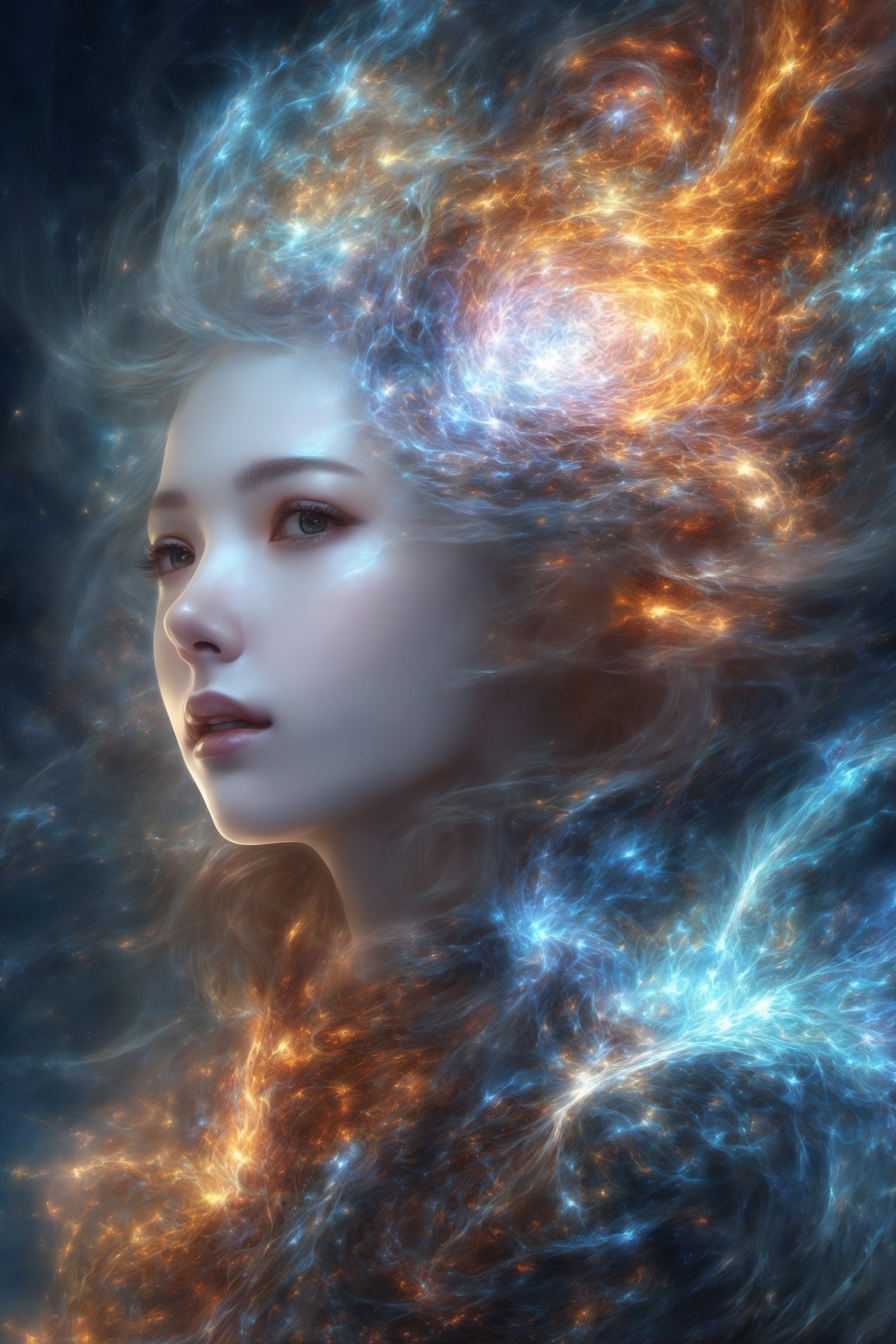 1girl,  (masterpiece, top quality, best quality, official art, beautiful and aesthetic:1.2), (1man), extreme detailed,(abstract, fractal art:1.3),colorful hair,highest detailed, detailed_eyes, fire, water, ice, lightning, light_particles, ghost,