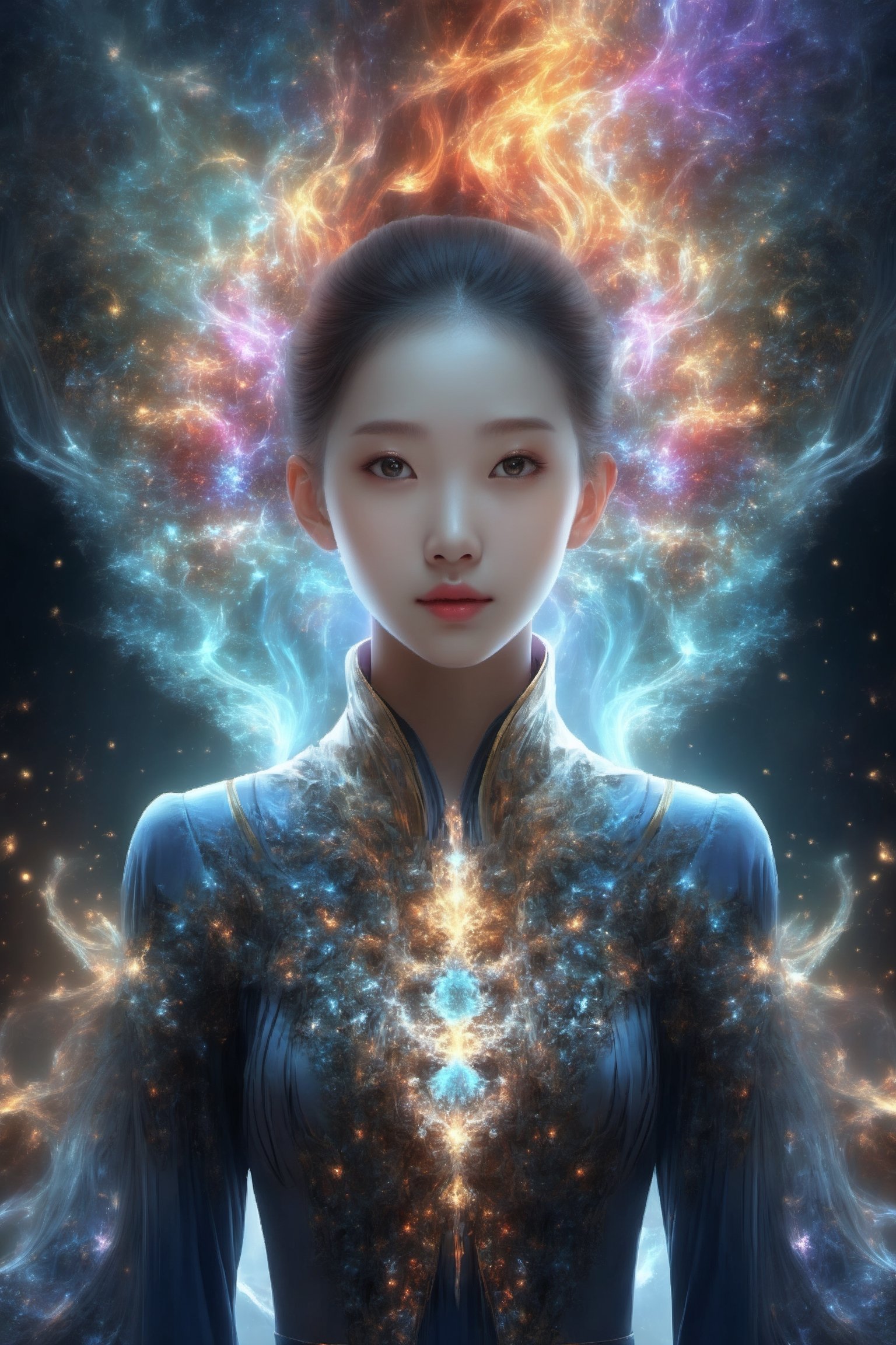 1girl,  (masterpiece, top quality, best quality, official art, beautiful and aesthetic:1.2), (1man), extreme detailed,(abstract, fractal art:1.3),colorful hair,highest detailed, detailed_eyes, fire, water, ice, lightning, light_particles, ghost,glitter,Strong Backlit Particles,yeseo