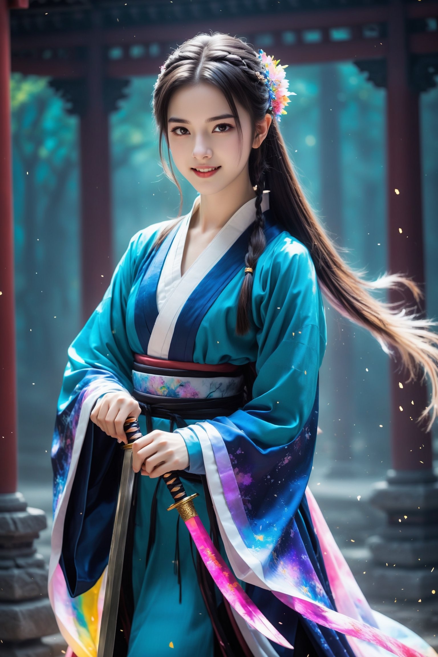 Beautiful european teen, 18 years old, silky styled hair, dreamy looking, innocence, sexy brunette, pale skin tone, look at viewer, smile,
muelsyse (arknights),1girl, solo,hanfu,chinese clothes, colorful clothes, splatter background, holding sword, best quality, amazing quality, very aesthetic, absurdres,DonMD1g174l4sc3nc10nXL ,ULTIMATE LOGO MAKER [XL],DonM3l3m3nt4lXL,Strong Backlit Particles