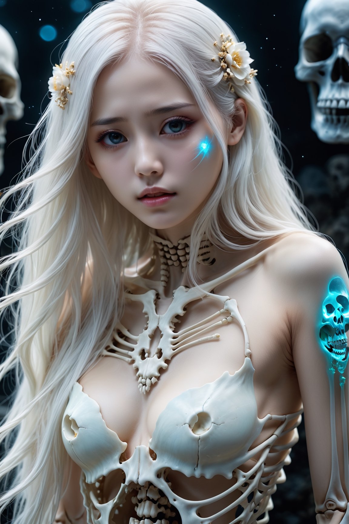beautiful japan girl, completely white long hair, cinema 4k, cinematic, ethereal, magical, cosmic, half body, high resolution, sad face, no clothes, dynamic pose,  realistic bioluminescent crystalline human skeleton parts, skull,detailmaster2